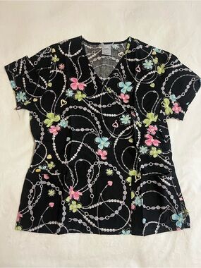 Women’s Floral Chain Print Scrub Top - Black